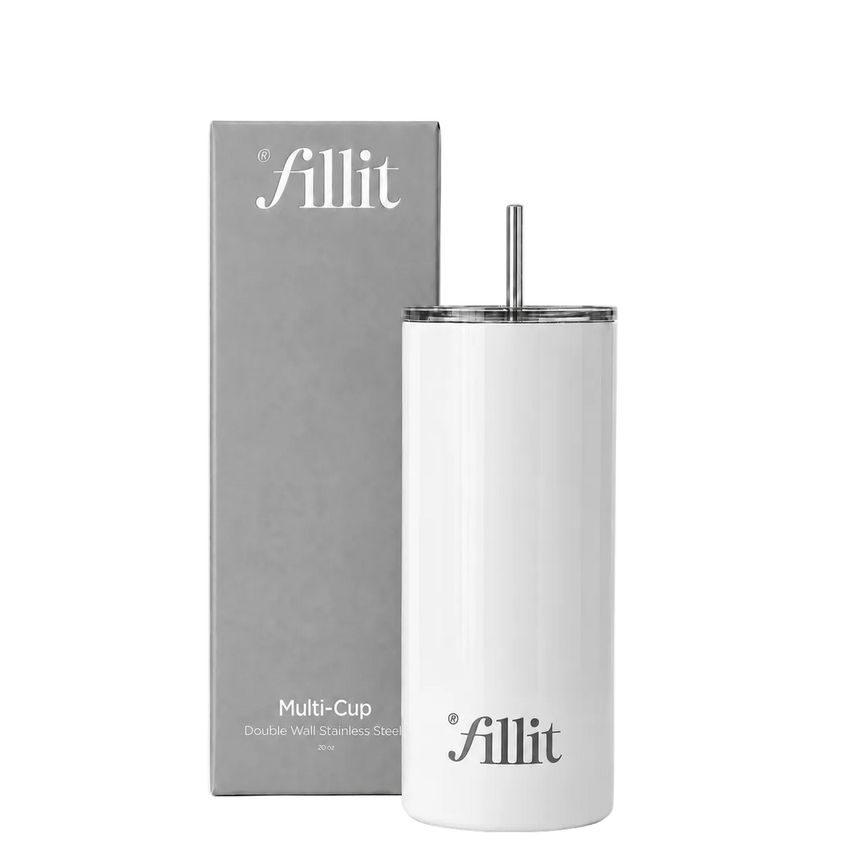 כוס שתייה תרמית Fillit Multi-Cup לבנה עומדת לצד אריזת המוצר